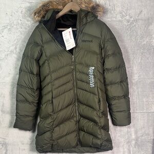 New NWT Marmot Green Montreal 700 Down Faux Fur Parka Puffer Coat Size Small